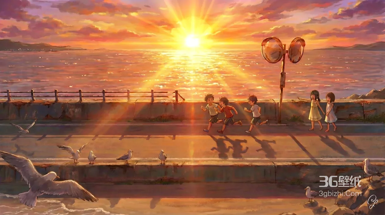 海边日落孩童奔跑·唯美治愈插画 宽屏车机壁纸1