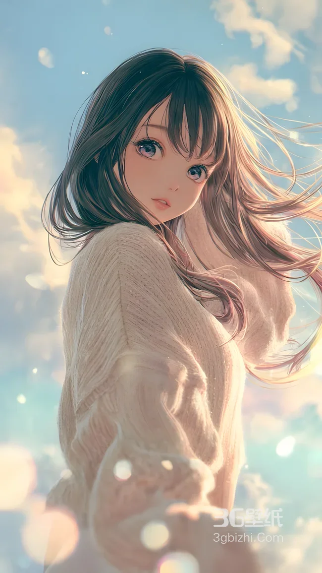 长发少女·针织衫逆光发丝 唯美二次元插画 清新治愈手机壁纸1