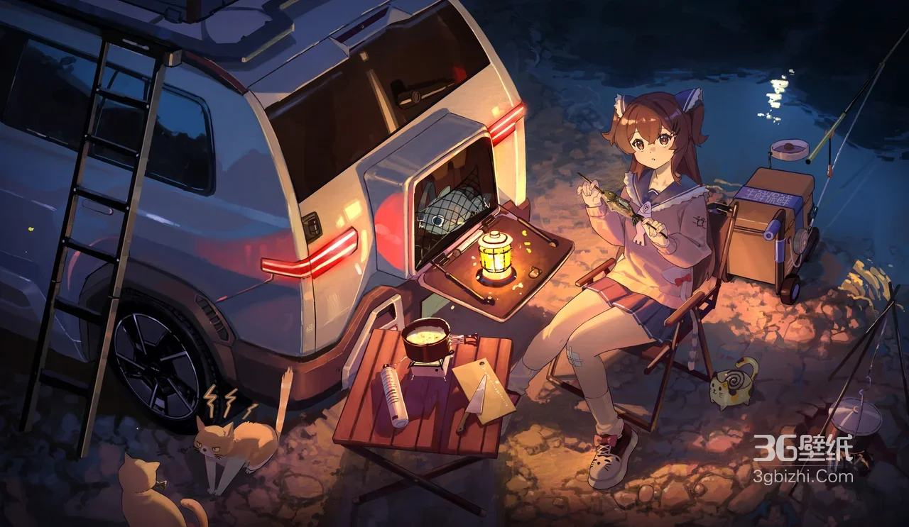 猫耳少女·露营夜钓 二次元治愈风 动漫露营电脑壁纸1