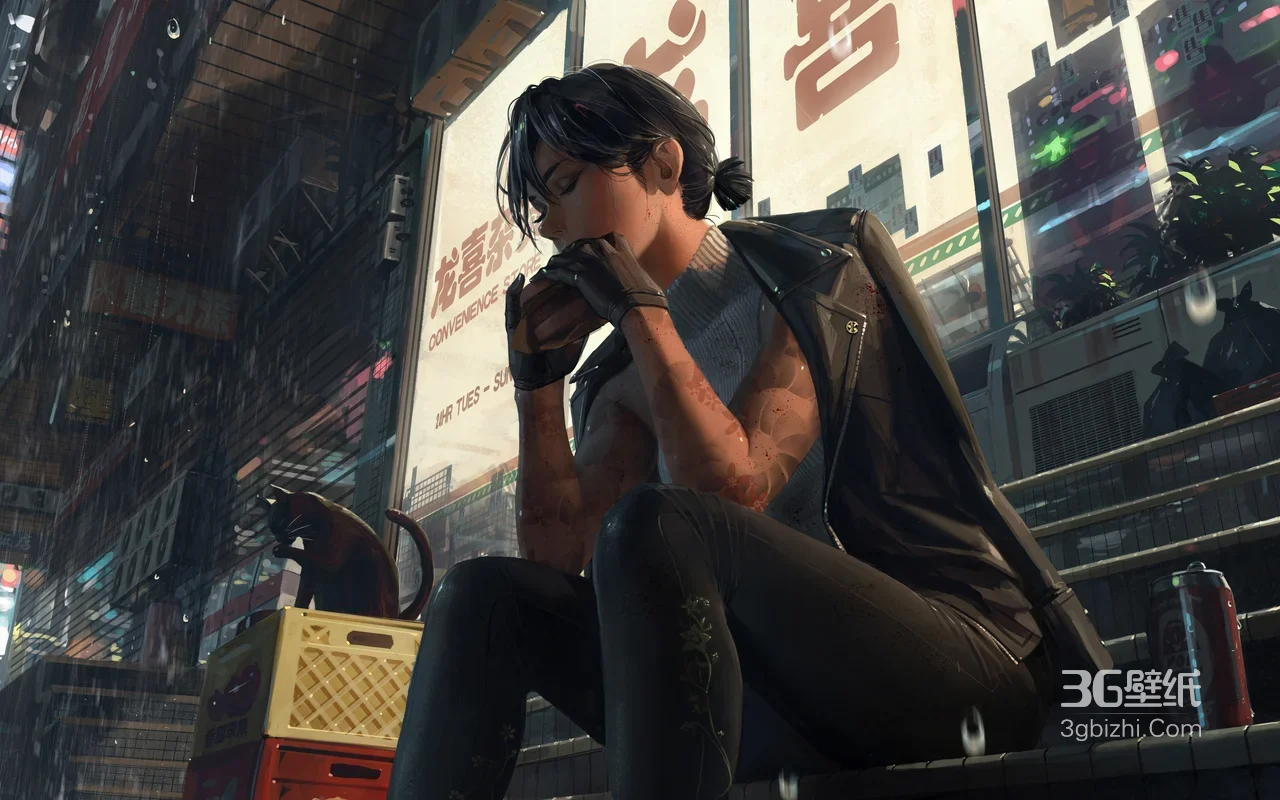 赛博朋克都市雨夜·带伤帅哥与黑猫 宽屏电脑壁纸1