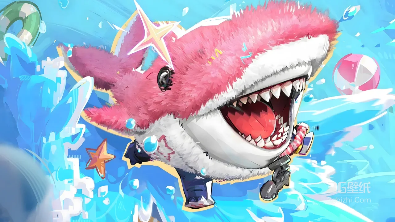 粉色毛绒鲨鱼·萌系二次元风 夏日泳池搞怪电脑壁纸1