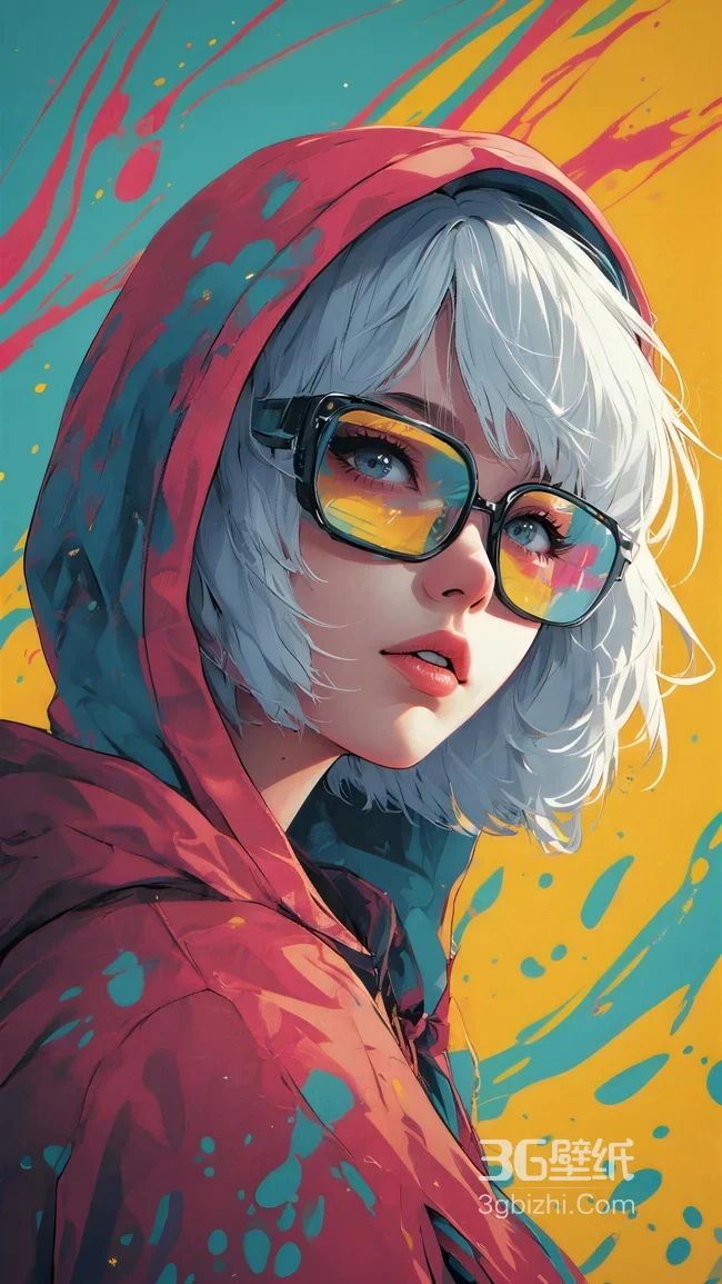 白发少女·红连帽黄镜眼镜 潮流风 手机壁纸1