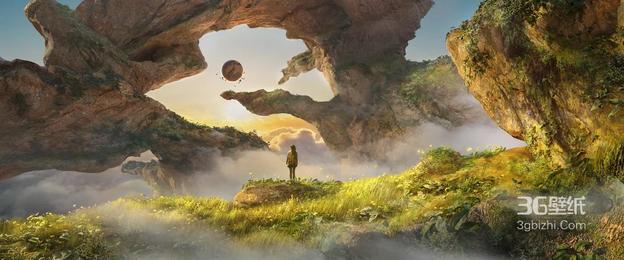 奇幻岩拱草甸·悬浮星球·唯美概念艺术宽屏车机壁纸1