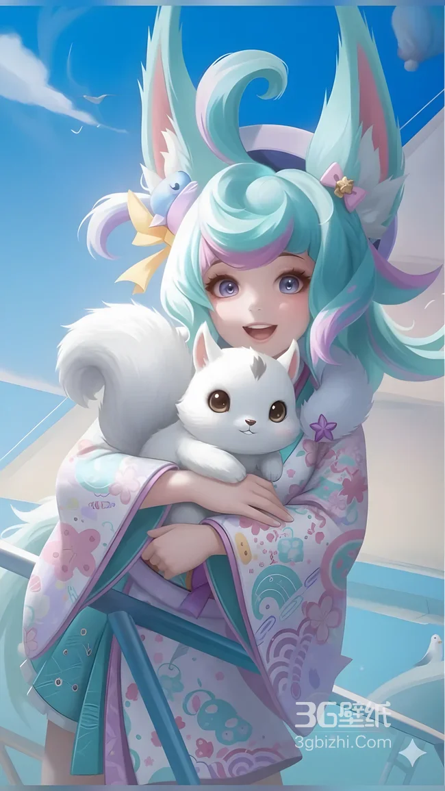 蔡文姬·抱白宠和服 王者荣耀国漫清新手机壁纸1