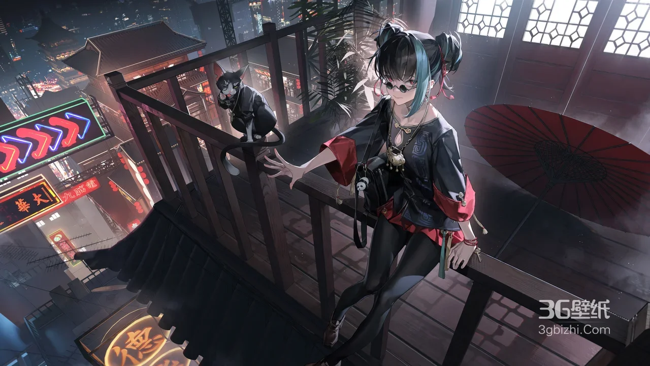 赛博国风少女·墨镜猫咪 国漫赛博古风电脑壁纸1