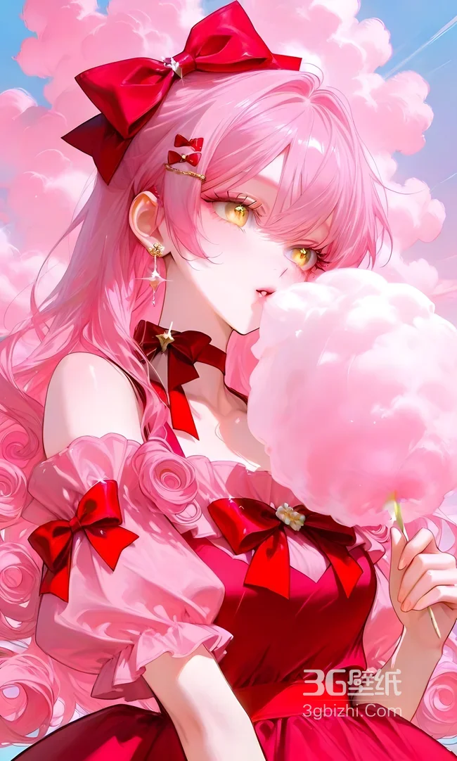 二次元粉发少女·红蝴蝶结持棉花糖 甜美手机壁纸1
