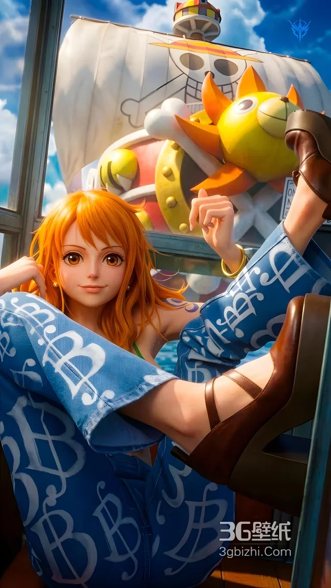 娜美·橙发俏皮 海贼王桑尼号写实风手机壁纸1