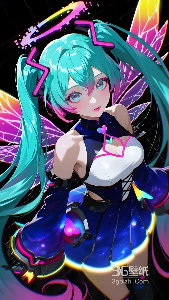 初音未来·霓虹翅膀赛博朋克二次元壁纸 适配手机竖屏1