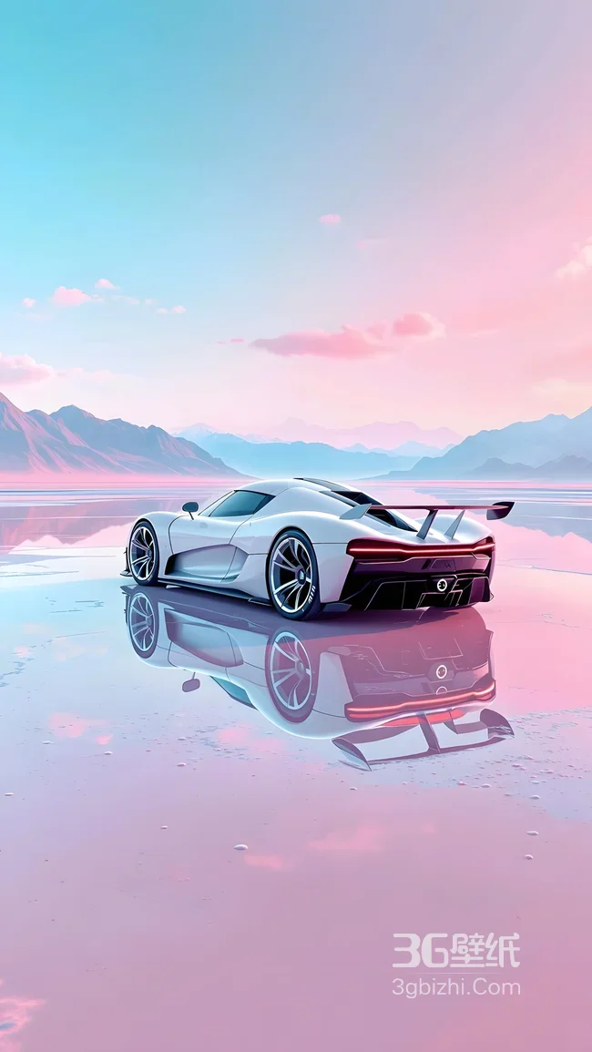 白色超跑盐湖镜面倒影 唯美渐变山水 梦幻跑车壁纸1