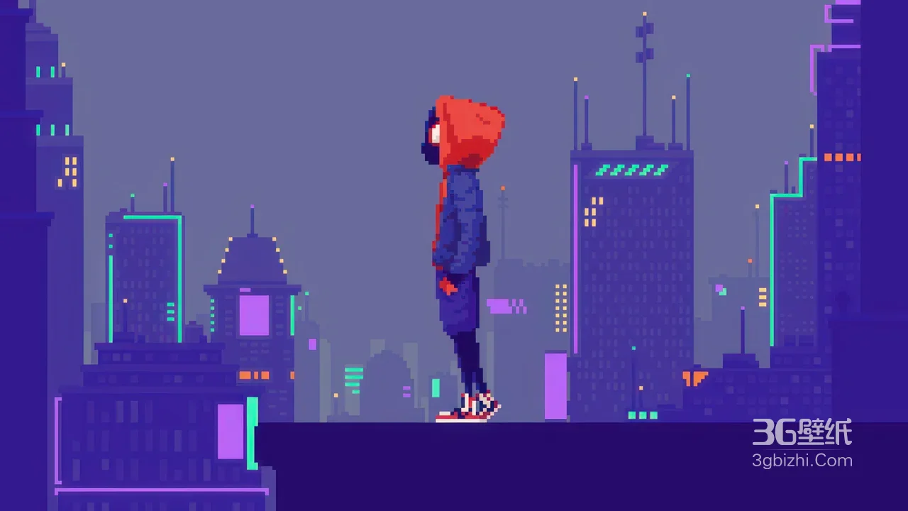 像素蜘蛛侠迈尔斯·赛博朋克都市霓虹电脑壁纸1