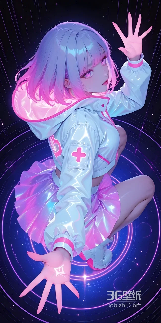 二次元赛博朋克美少女（渐变粉发镭射衣）手机壁纸（潮酷科技风）1