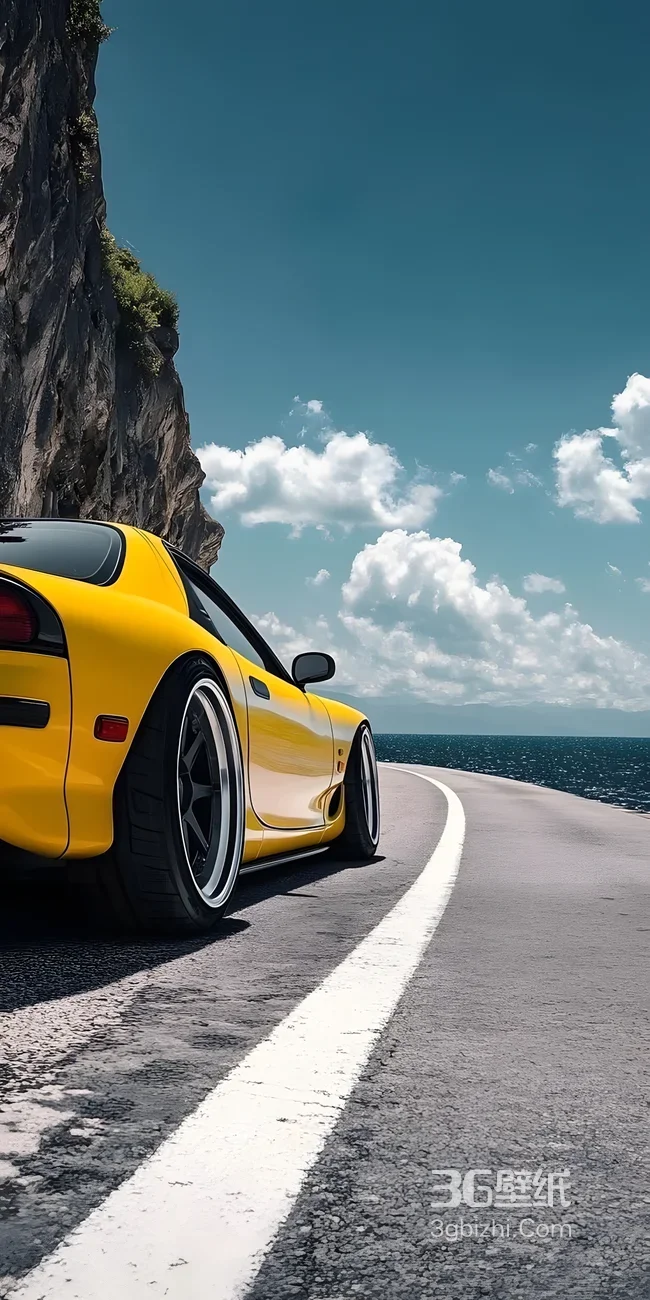 黄色马自达RX-7·海滨悬崖公路写实风 超跑手机壁纸1