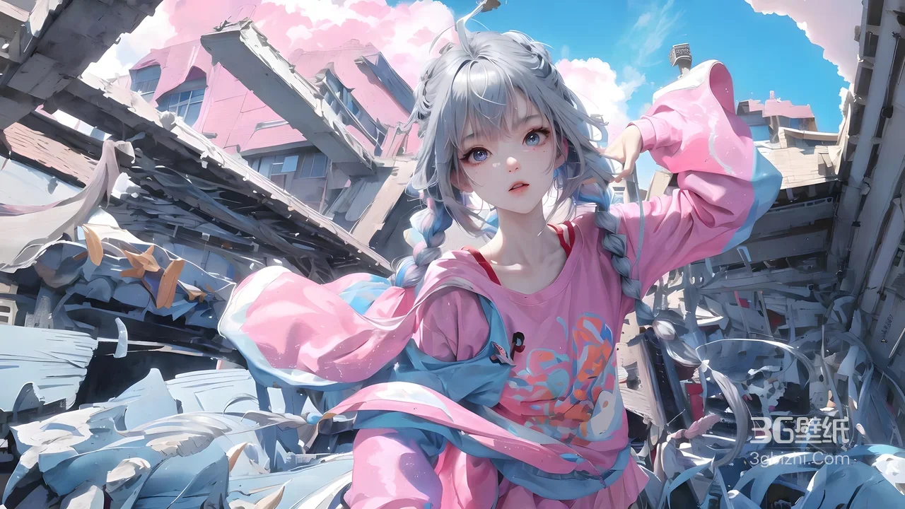 银发双辫少女·粉蓝潮服 二次元唯美废墟插画电脑壁纸1