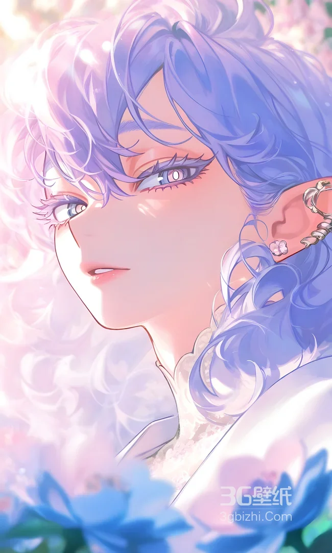 蓝发卷发少年·唯美二次元风 梦幻花境手机壁纸1