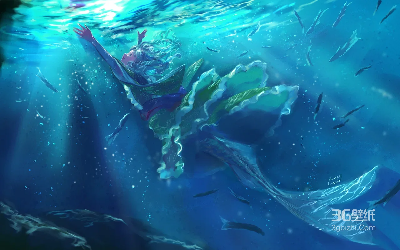 古风美人鱼水下向光浮游 唯美二次元宽屏电脑壁纸1