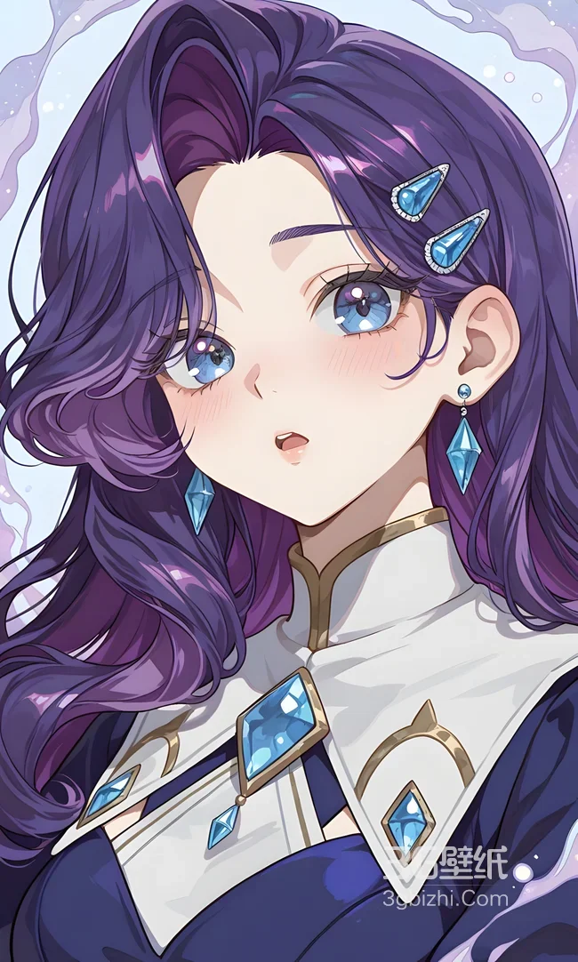 二次元唯美紫发少女·蓝水晶配饰 动漫风手机壁纸1