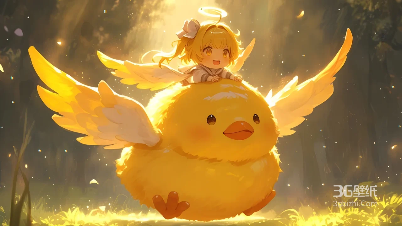 光环天使萌妹骑毛绒飞鸡 二次元治愈系电脑壁纸1