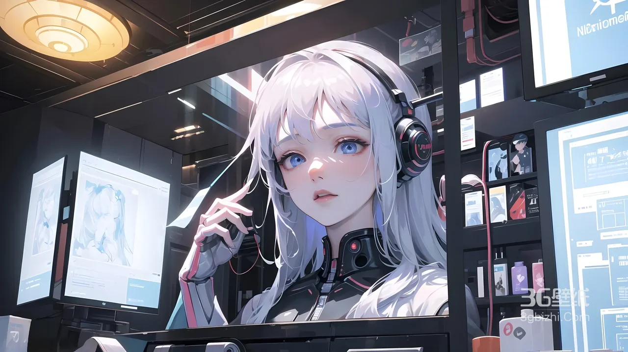 银发科技少女·赛博朋克风 二次元科幻工作室电脑壁纸1