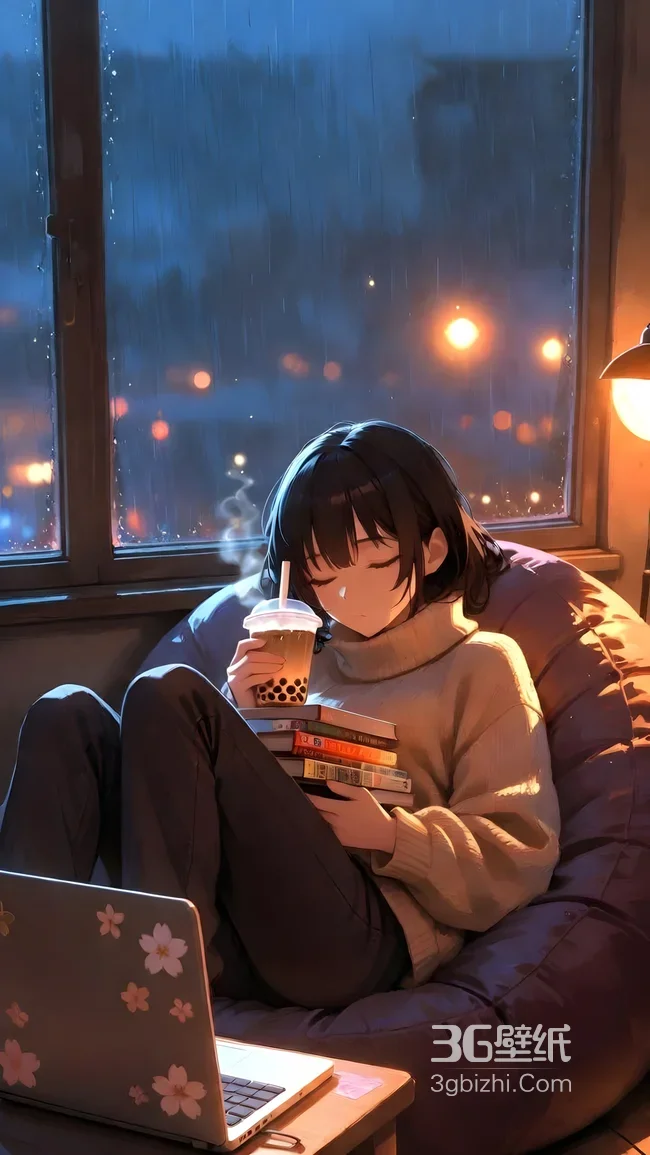 日系治愈风·雨夜窗边少女抱书饮奶茶 高适配手机壁纸1