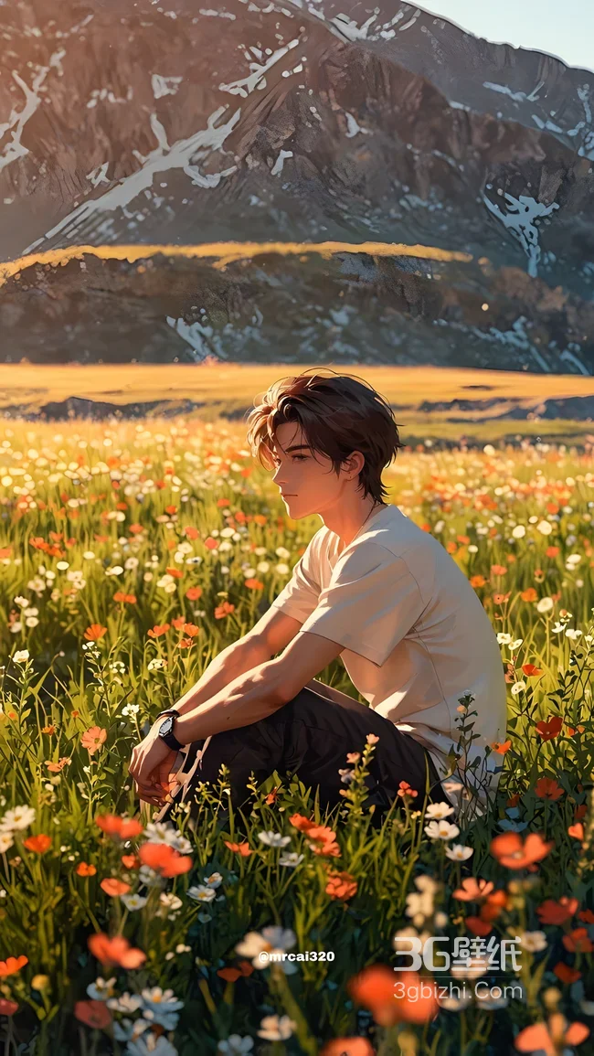 动漫少年·花海草原雪山 唯美国漫插画手机壁纸1