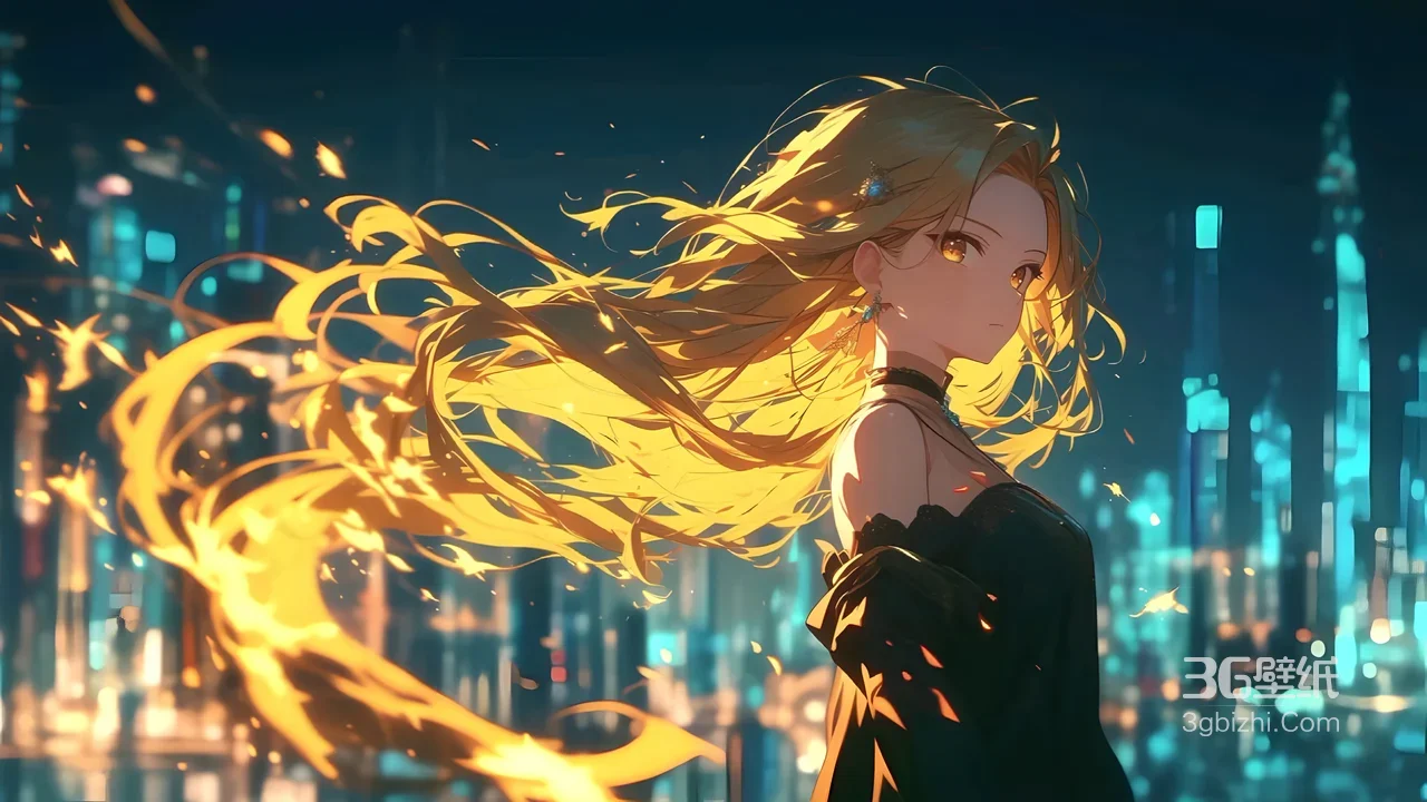 焰发少女·火焰发丝 赛博朋克都市二次元电脑壁纸1
