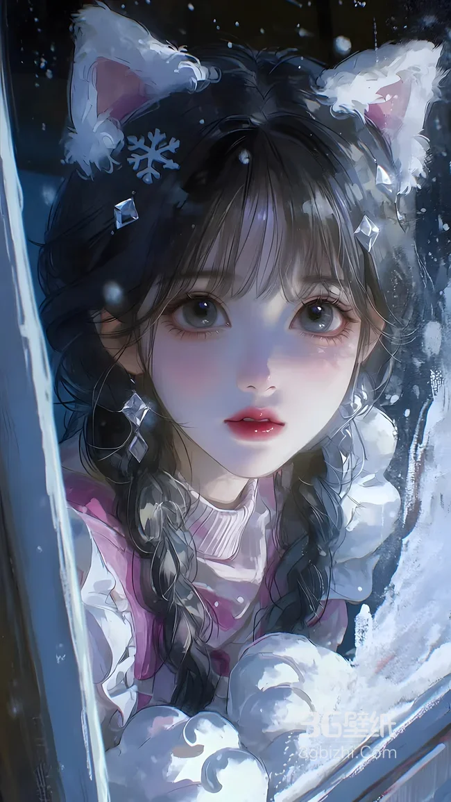 猫耳少女·雪花点缀 唯美二次元手绘 冬季治愈系手机壁纸精选1