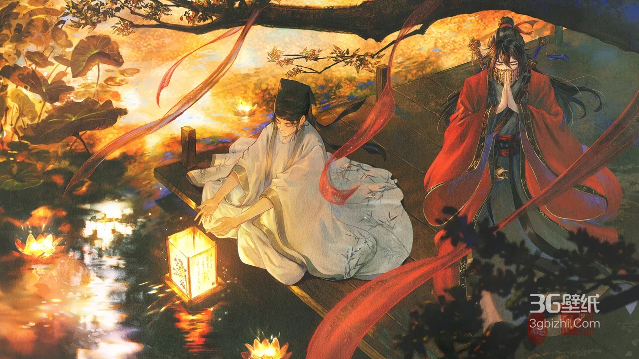 花城·谢怜·荷塘灯影祈愿 天官赐福国风唯美宽屏电脑壁纸1