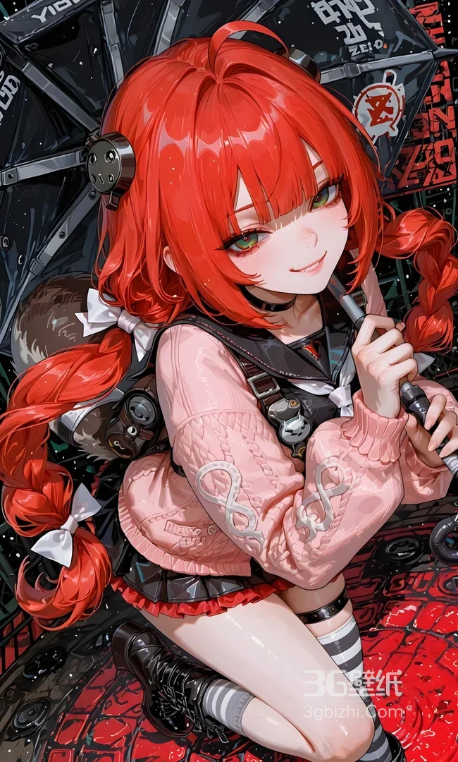 红发双马尾酷甜少女·粉衣黑裙 二次元机械风手机壁纸1