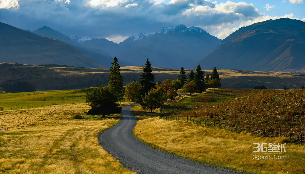 新西兰牧场风·山间蜿蜒路金黄草甸唯美风景（宽屏电脑壁纸）1