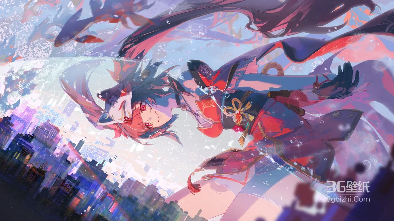 二次元国风狐狸面具角色·城市上空宽屏唯美电脑壁纸1