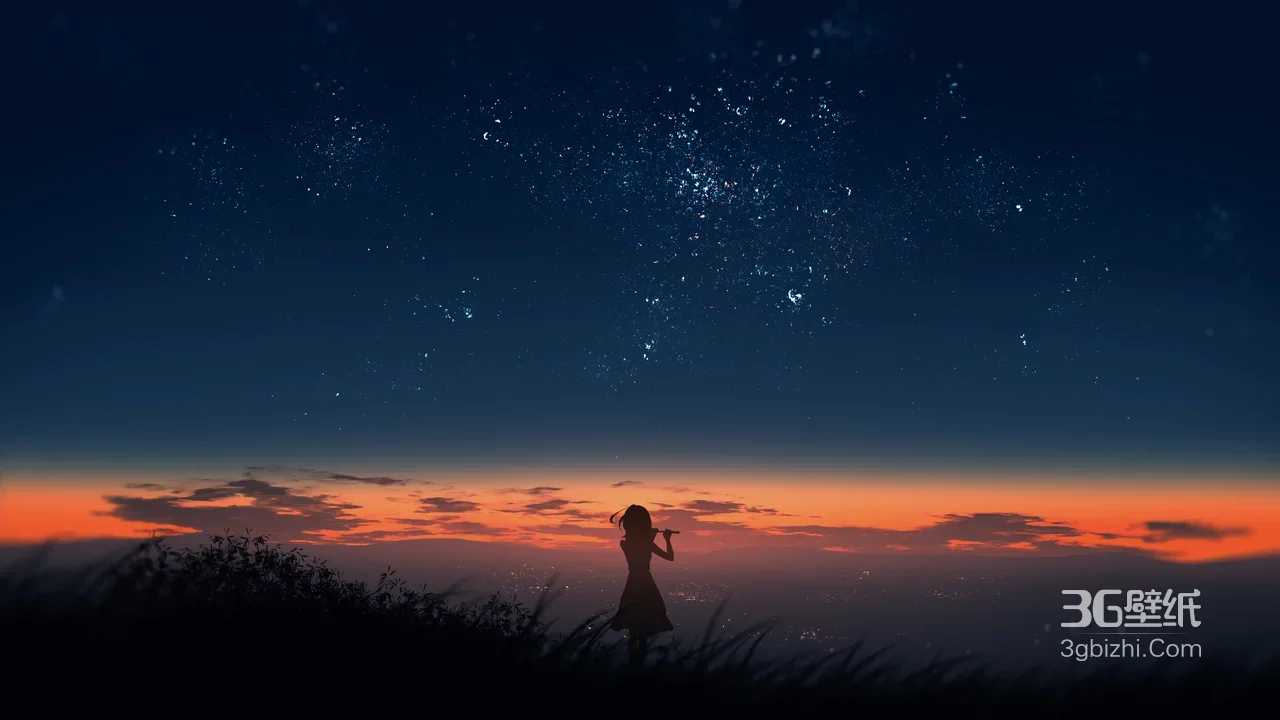 吹笛少女·星空黄昏 唯美二次元意境宽屏电脑壁纸1