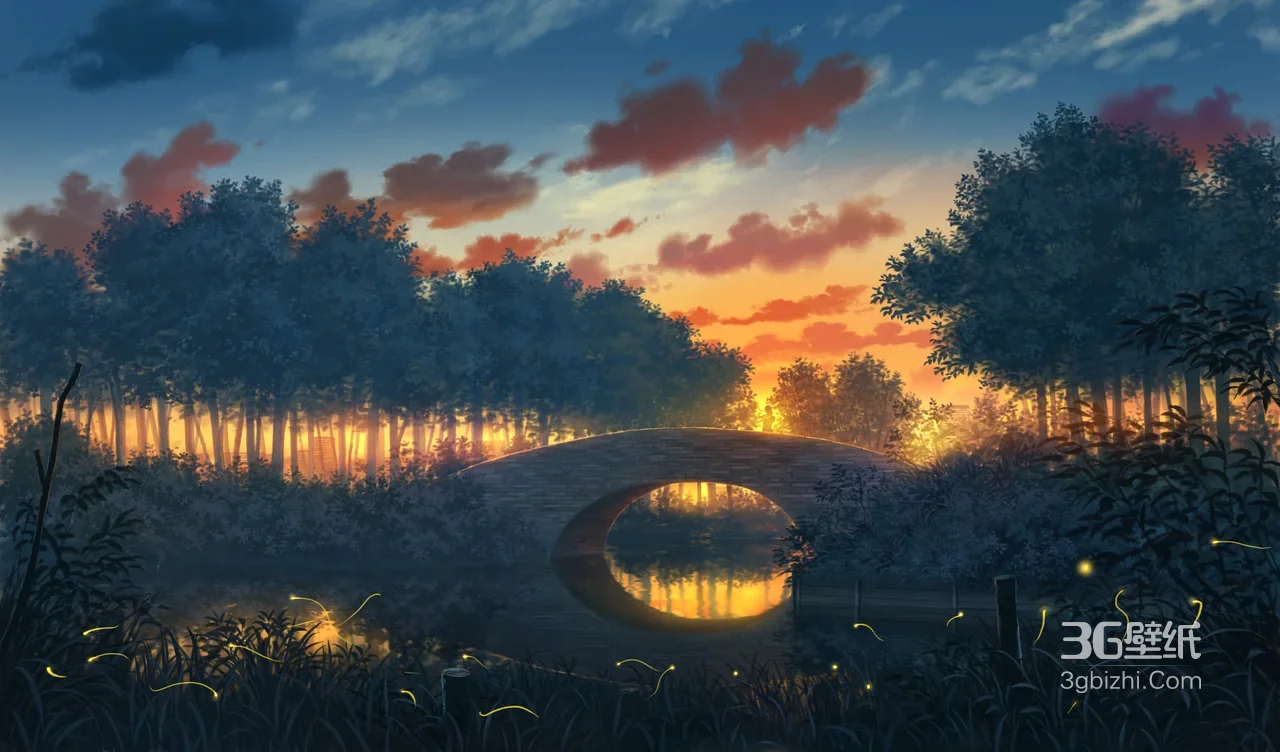黄昏拱桥森林萤火虫·国漫唯美风宽屏电脑壁纸1
