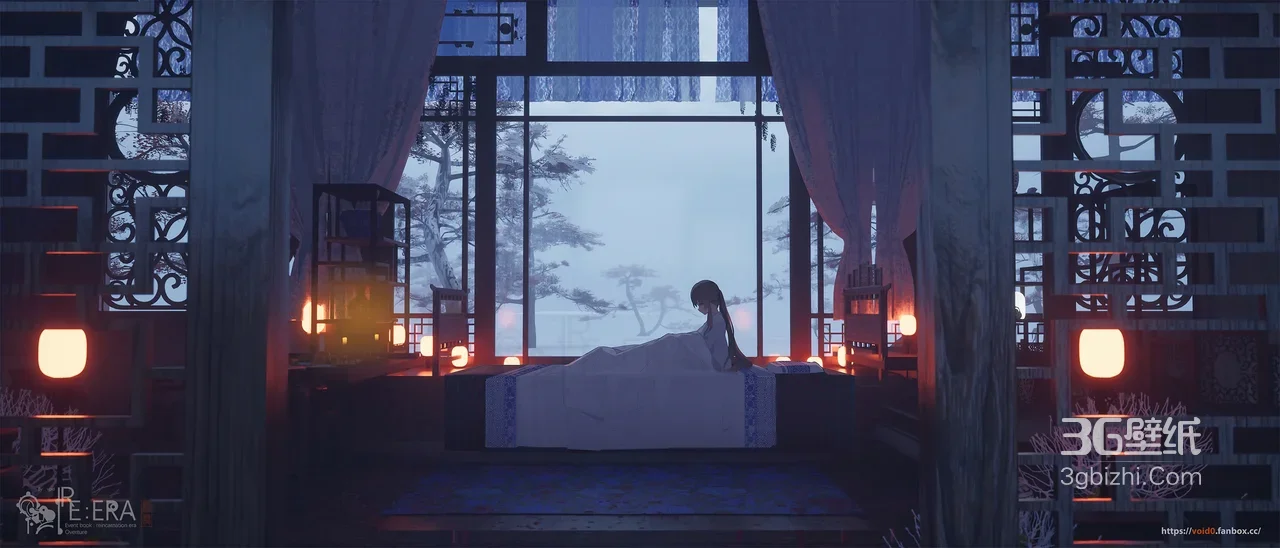 古风室内白衣女子·国风唯美场景宽屏电脑壁纸1