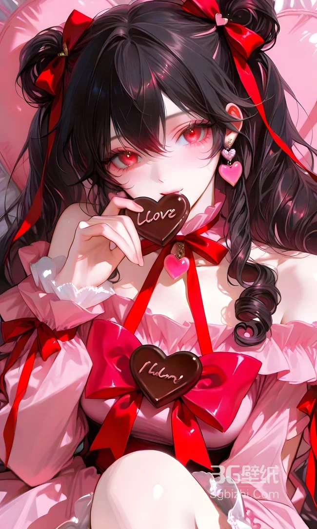 二次元黑发红瞳少女·爱心巧克力 唯美手机壁纸1