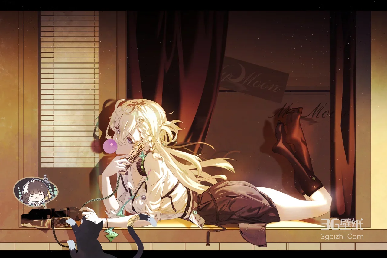 手绘金发少女吹泡泡糖 黑猫耳机窗台宽屏电脑壁纸1