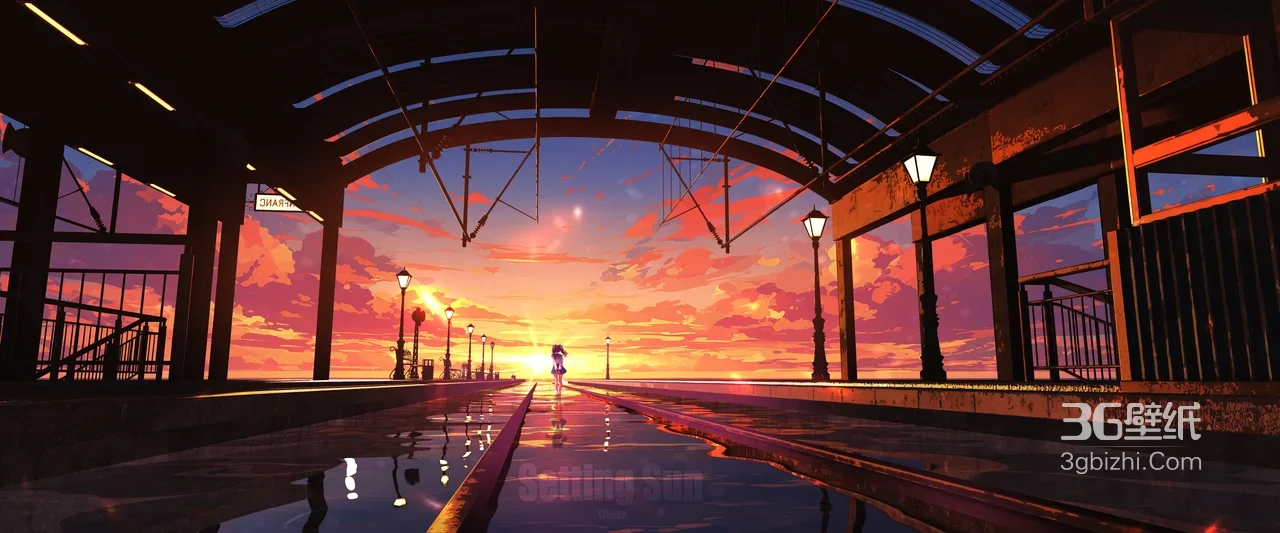 落日车站轨道·少女逆光 唯美二次元宽屏电脑壁纸1