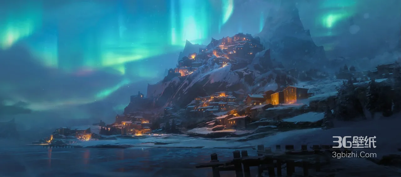 冰雪山城极光夜景·唯美写实风游戏场景电脑壁纸（宽屏车机）1