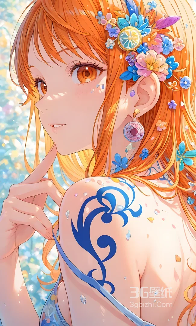 娜美·橘发花饰蓝纹身 唯美二次元海贼王壁纸1