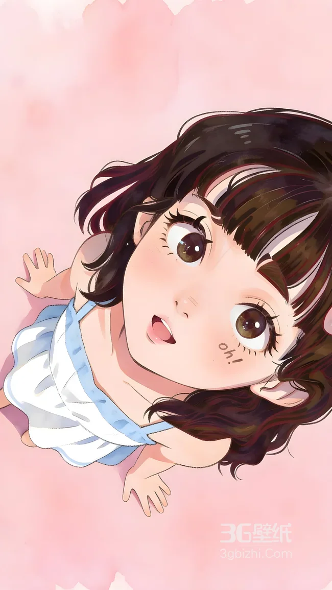 Q版棕瞳卷发女孩 治愈风粉色背景 萌系手机壁纸1