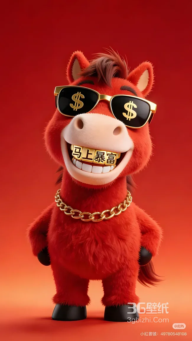 卡通红马·马上暴富金牙美元墨镜 国潮喜庆风暴富主题手机壁纸1