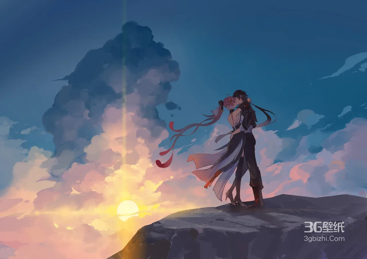 二次元情侣·相拥亲吻 唯美日落云海 动漫风宽屏电脑壁纸1