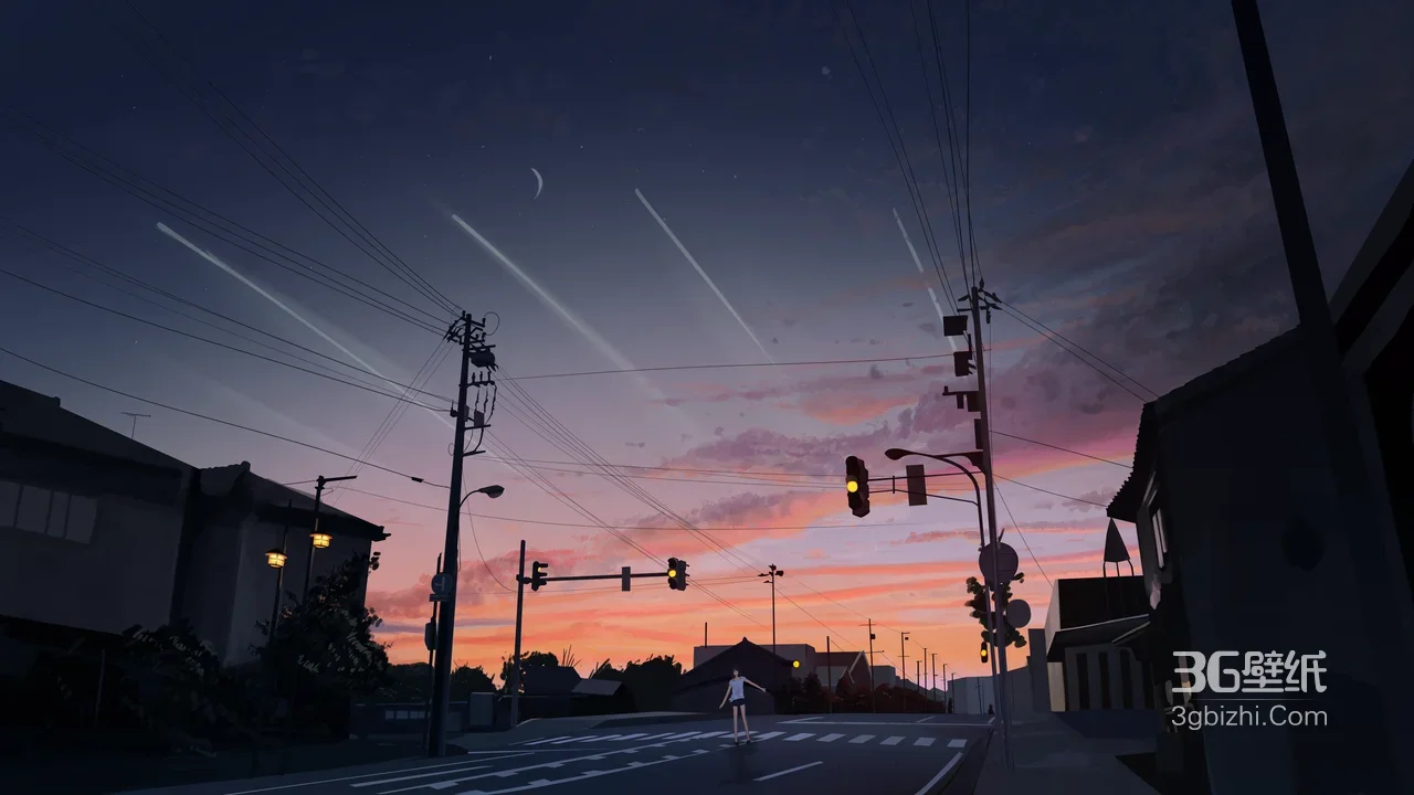 日式黄昏街道滑板少女·唯美宽屏电脑壁纸1