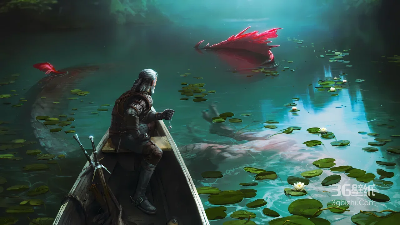 杰洛特·湖畔遇红鳞兽 巫师3唯美奇幻游戏场景 宽屏电脑壁纸1