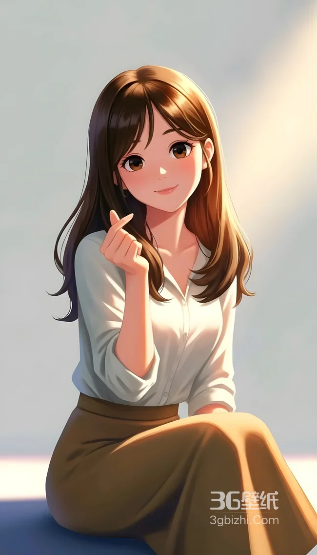 二次元治愈系棕发少女·白衬衫穿搭 高清竖屏壁纸1