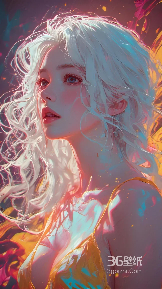 白发卷发少女·梦幻炫彩风 超火氛围感手机壁纸1