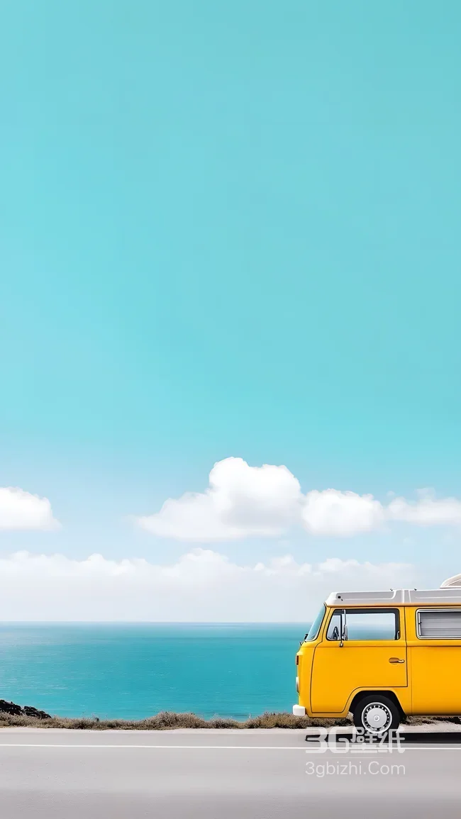 黄色复古面包车·海边公路清新治愈风手机壁纸1