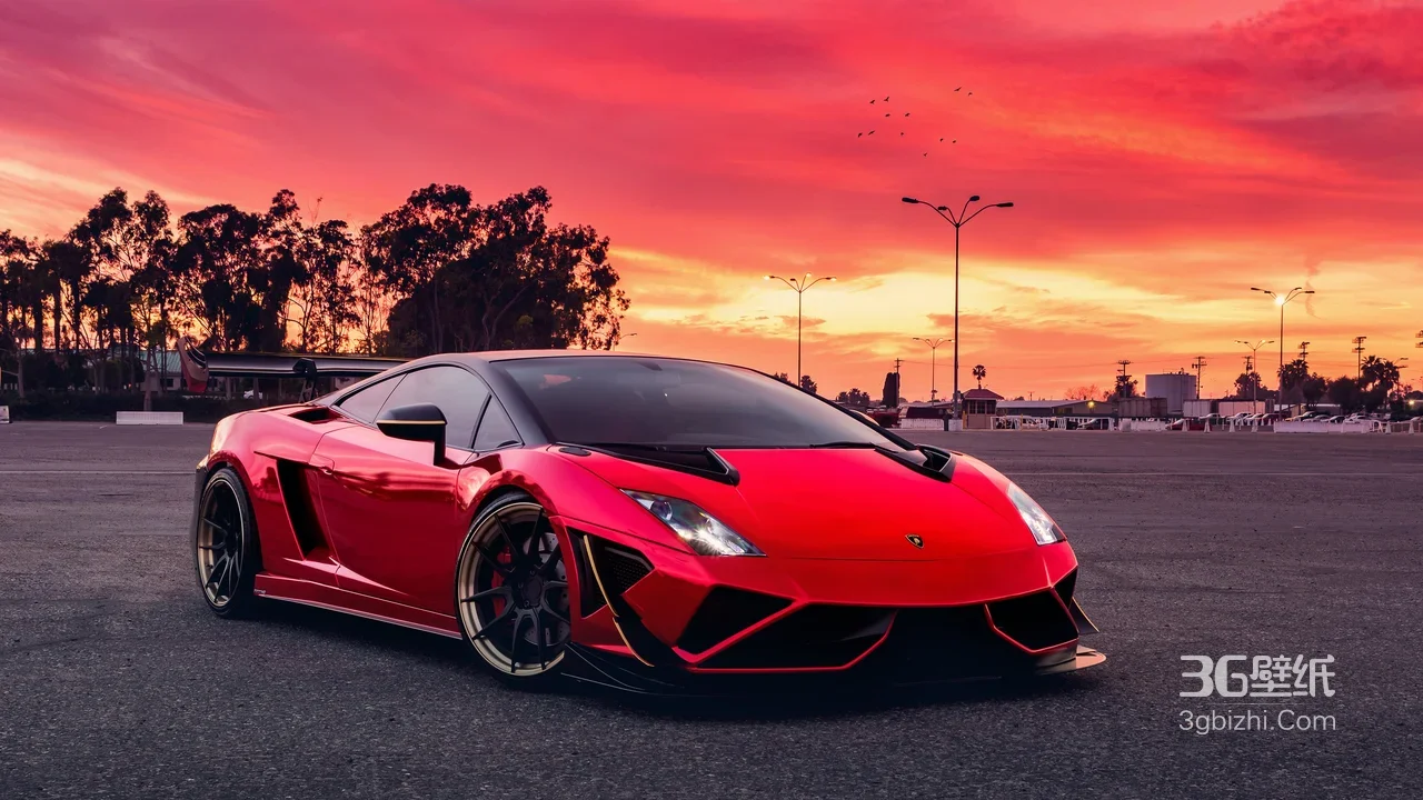 红色兰博基尼跑车·写实酷炫风 晚霞公路超跑电脑壁纸1
