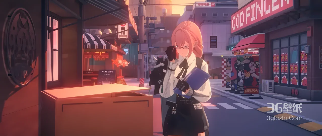 粉色发眼镜少女·都市街景 二次元赛博风游戏画面 宽屏车机壁纸1