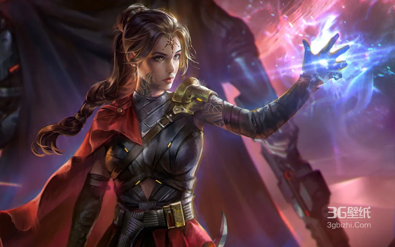 战甲红披风女法师·写实科幻风·游戏角色 高分辨率电脑壁纸1