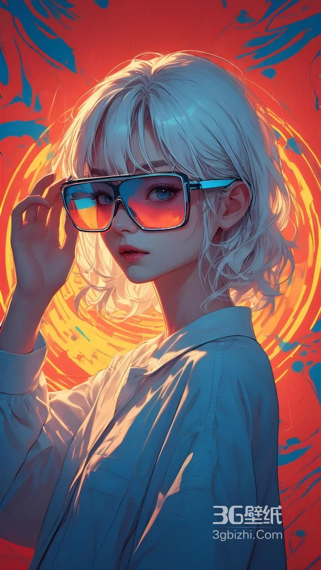 白发少女·墨镜潮酷 赛博朋克插画手机壁纸（潮酷壁纸）1